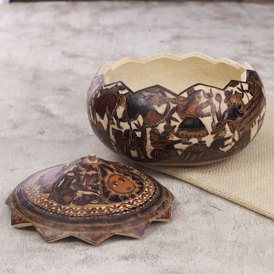 Alternate image for Hand-Carved Gourd Decorative Box with Andean Pastoral Scene Mantaro Valley