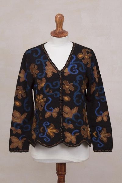 Alternate image for 100 Alpaca Black Cardigan Sweater with Floral Motif Evensong Bloom