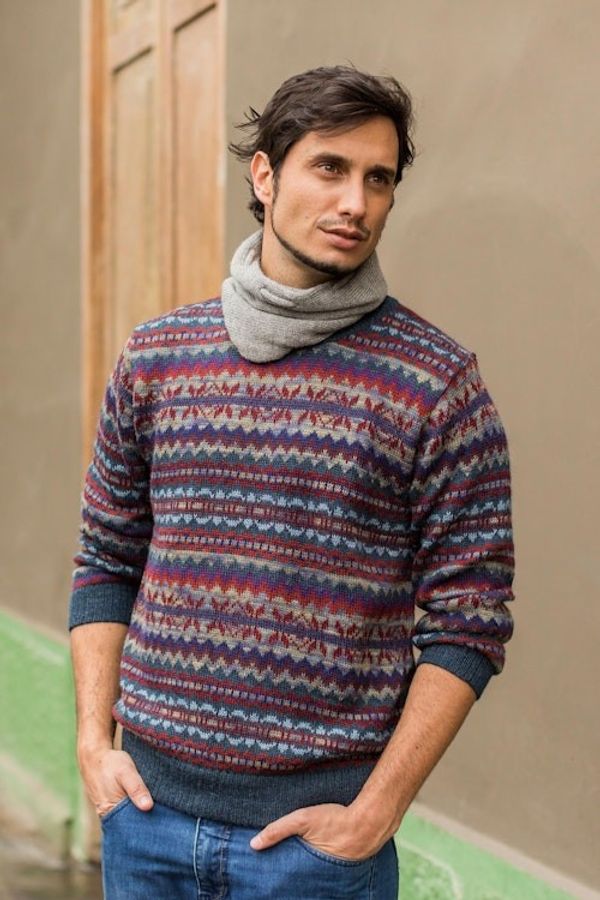 Alternate image for Patterned Blue and Burgundy Alpaca Mens Knit Sweater Colca Canyon