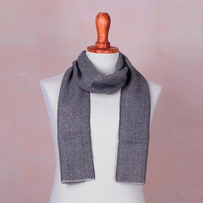 Alternate image for Handwoven Grey Herringbone 100 Alpaca Scarf for Men Grey Herringbone