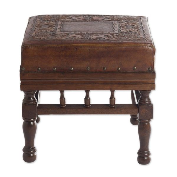 Alternate image for Artisan Crafted Wood and Leather Square Stool from Peru Birds Among the Vines