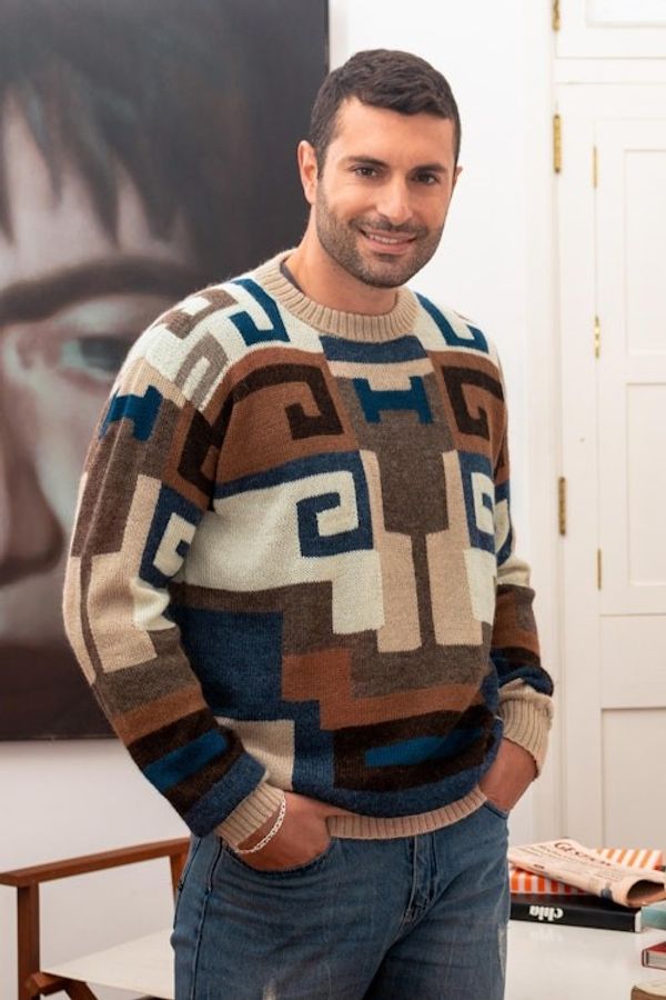 Alternate image for Intarsia Knit Alpaca Wool Mens Sweater Chavin Geometry