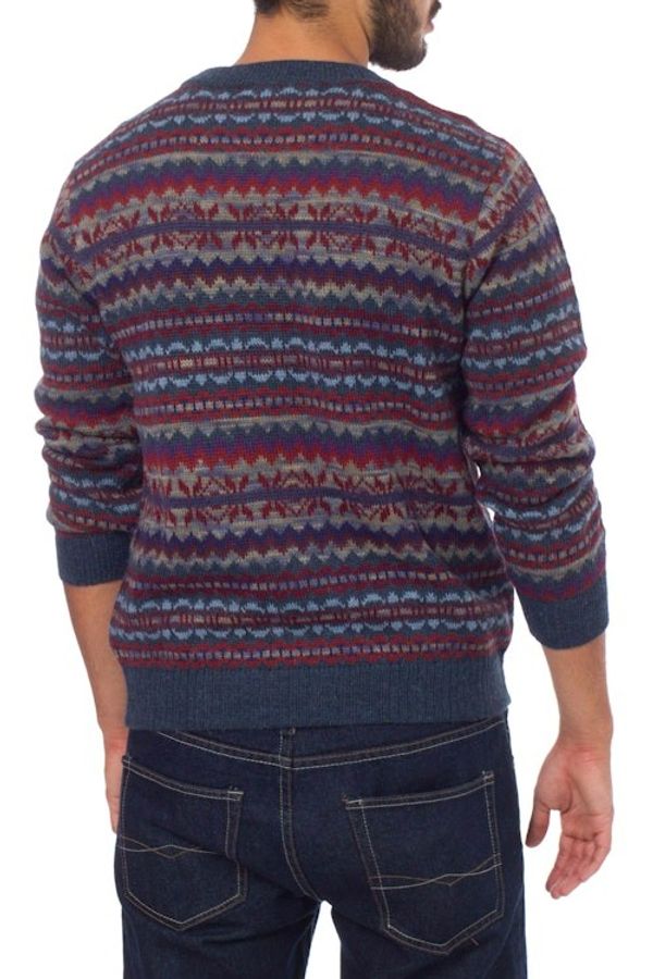 Alternate image for Patterned Blue and Burgundy Alpaca Mens Knit Sweater Colca Canyon