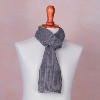 Alternate image for Handwoven Grey Herringbone 100 Alpaca Scarf for Men Grey Herringbone