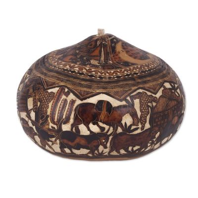 Alternate image for Hand-Carved Gourd Decorative Box with Andean Pastoral Scene Mantaro Valley
