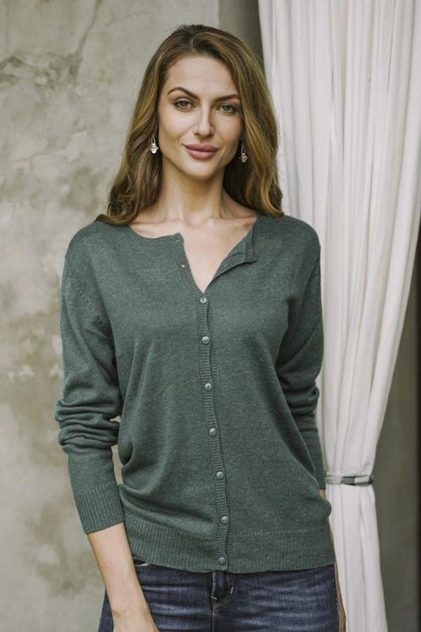 Alternate image for Cotton Blend Green Cardigan Sweater from Peru Simple Style in Jade
