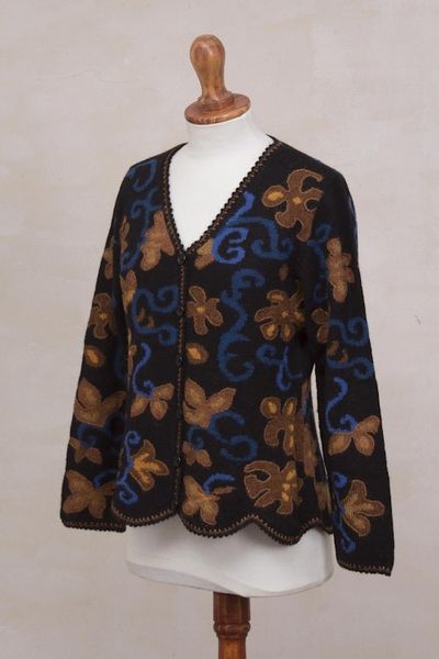 Alternate image for 100 Alpaca Black Cardigan Sweater with Floral Motif Evensong Bloom