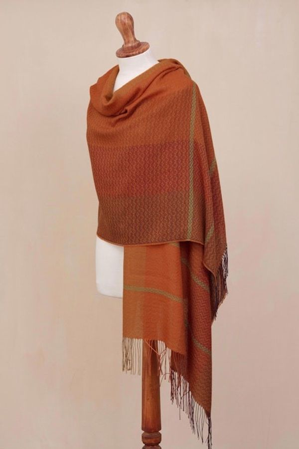 Alternate image for Hand Woven Orange Alpaca Blend Shawl from Peru Glorious Warmth