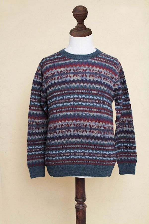 Alternate image for Patterned Blue and Burgundy Alpaca Mens Knit Sweater Colca Canyon