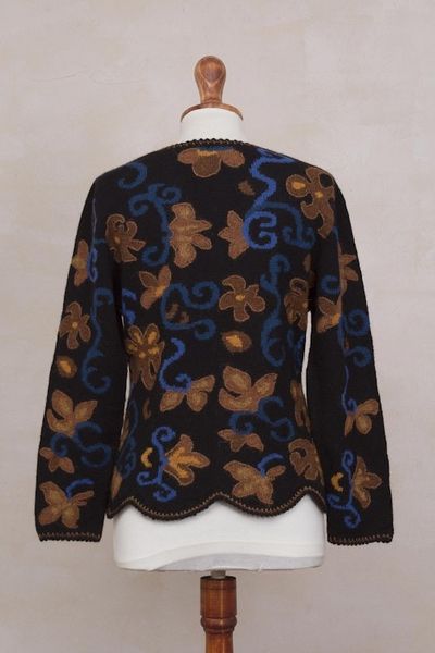 Alternate image for 100 Alpaca Black Cardigan Sweater with Floral Motif Evensong Bloom