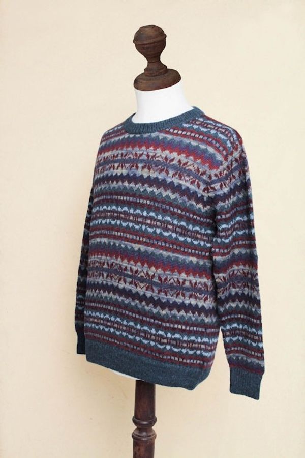 Alternate image for Patterned Blue and Burgundy Alpaca Mens Knit Sweater Colca Canyon