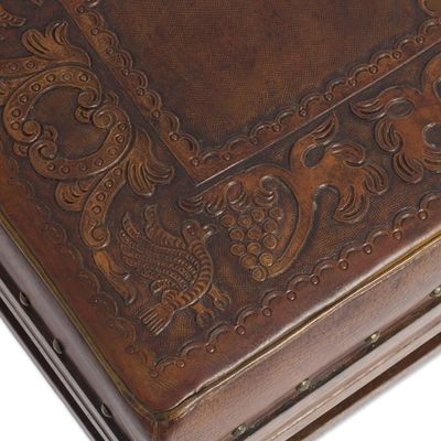 Alternate image for Artisan Crafted Wood and Leather Square Stool from Peru Birds Among the Vines