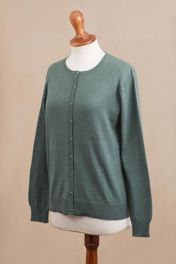 Alternate image for Cotton Blend Green Cardigan Sweater from Peru Simple Style in Jade