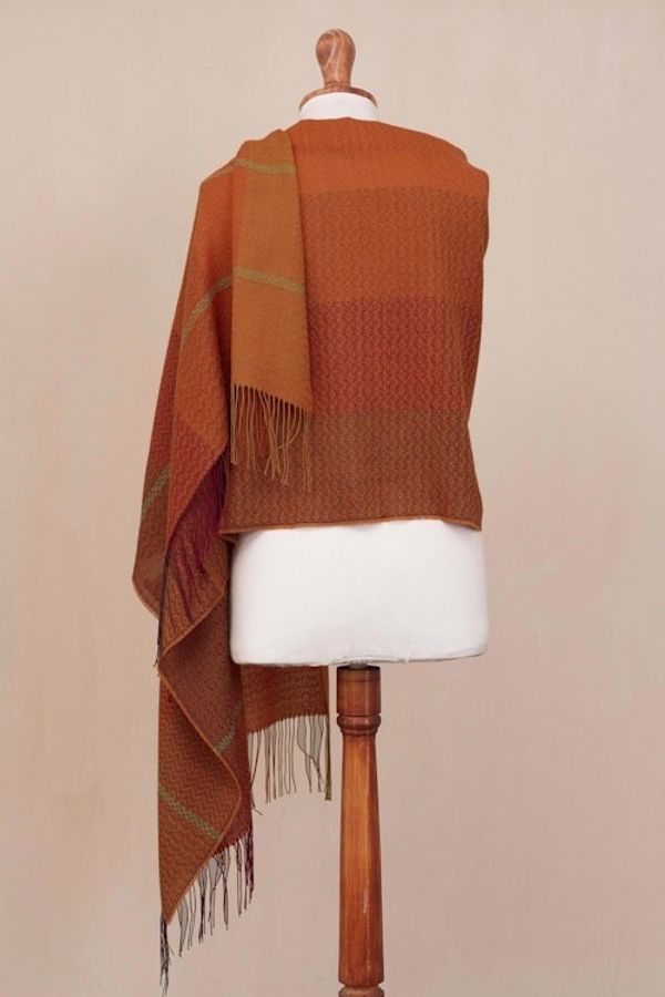 Alternate image for Hand Woven Orange Alpaca Blend Shawl from Peru Glorious Warmth