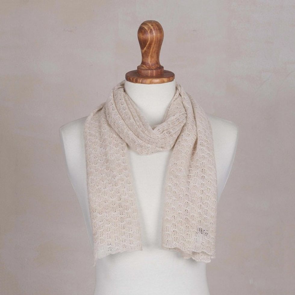 Textured 100 Baby Alpaca Wrap Scarf in Champagne from Peru 'Champagne Gossamer'