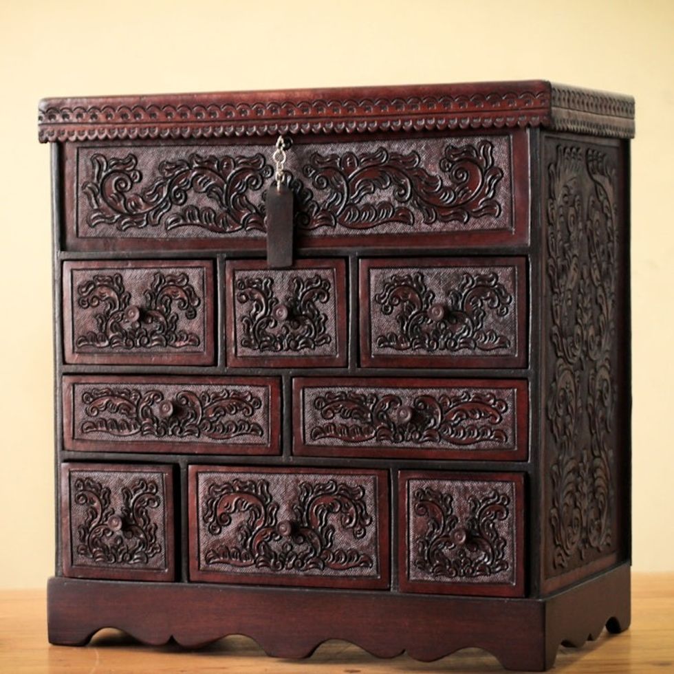 Tooled Leather Jewelry Box Handmade in Peru 'Travel Chest'