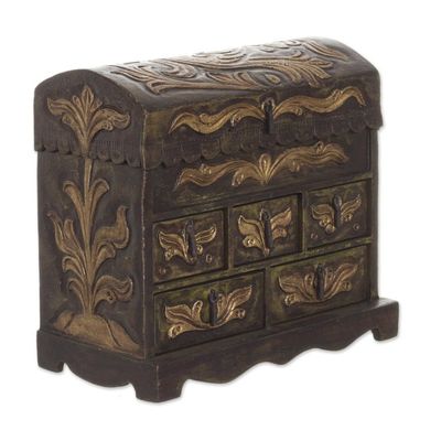 Alternate image for Colonial Hand Tooled Leather Jewelry Box Chest Antique Green