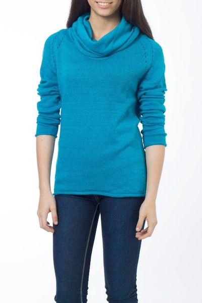 Alternate image for Handcrafted Cotton Blend Cowl Neck Sweater Turquoise Warmth