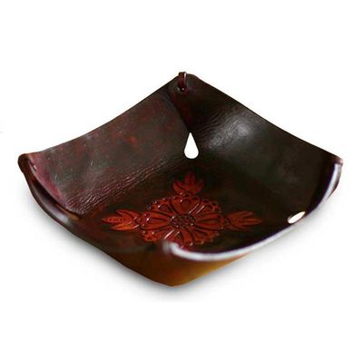 Alternate image for Leather Catchall in Brown Leather with a Floral Motif Sunflower Magic