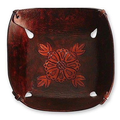 Alternate image for Leather Catchall in Brown Leather with a Floral Motif Sunflower Magic