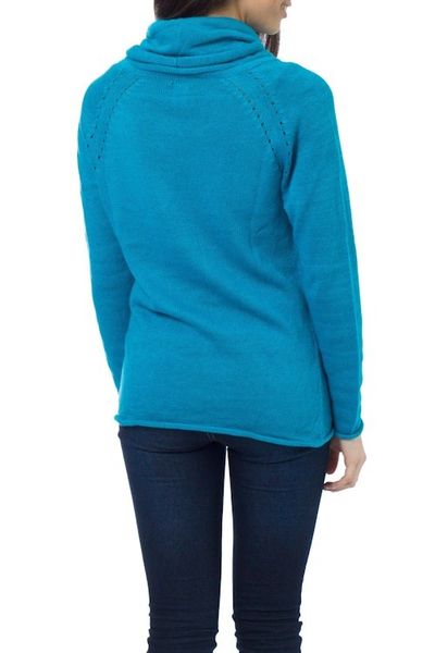 Alternate image for Handcrafted Cotton Blend Cowl Neck Sweater Turquoise Warmth