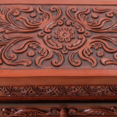 Alternate image for Cedar Wood and Leather Jewelry Box with Mirror from Peru Symbolic Leaves