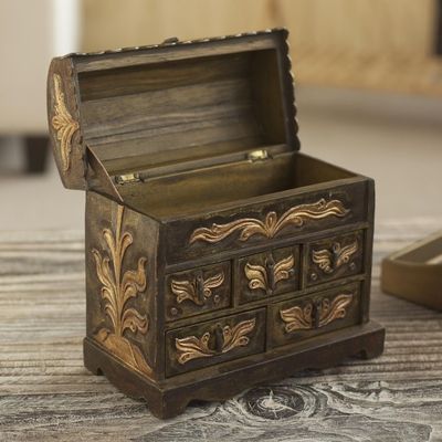 Alternate image for Colonial Hand Tooled Leather Jewelry Box Chest Antique Green