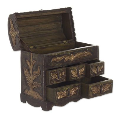 Alternate image for Colonial Hand Tooled Leather Jewelry Box Chest Antique Green