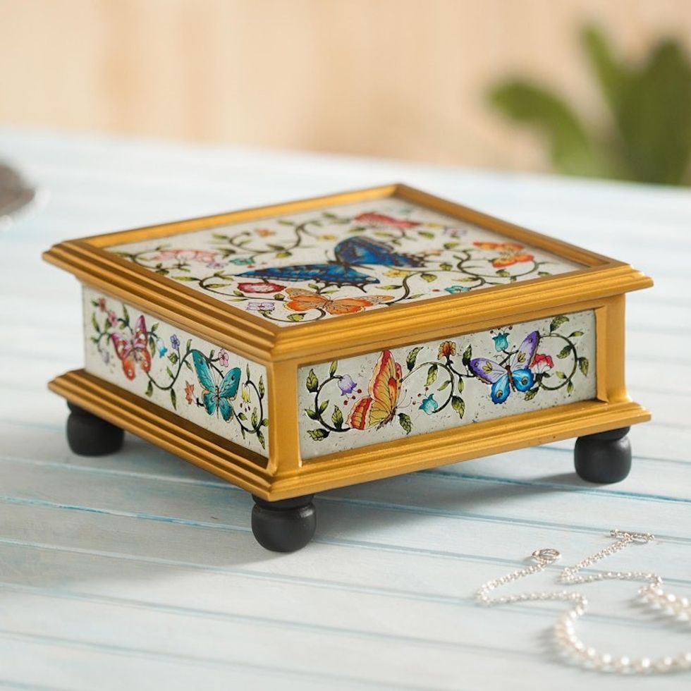 Butterflies on an Ivory Reverse Painted Glass Decorative Box 'Ivory Winter Butterflies'