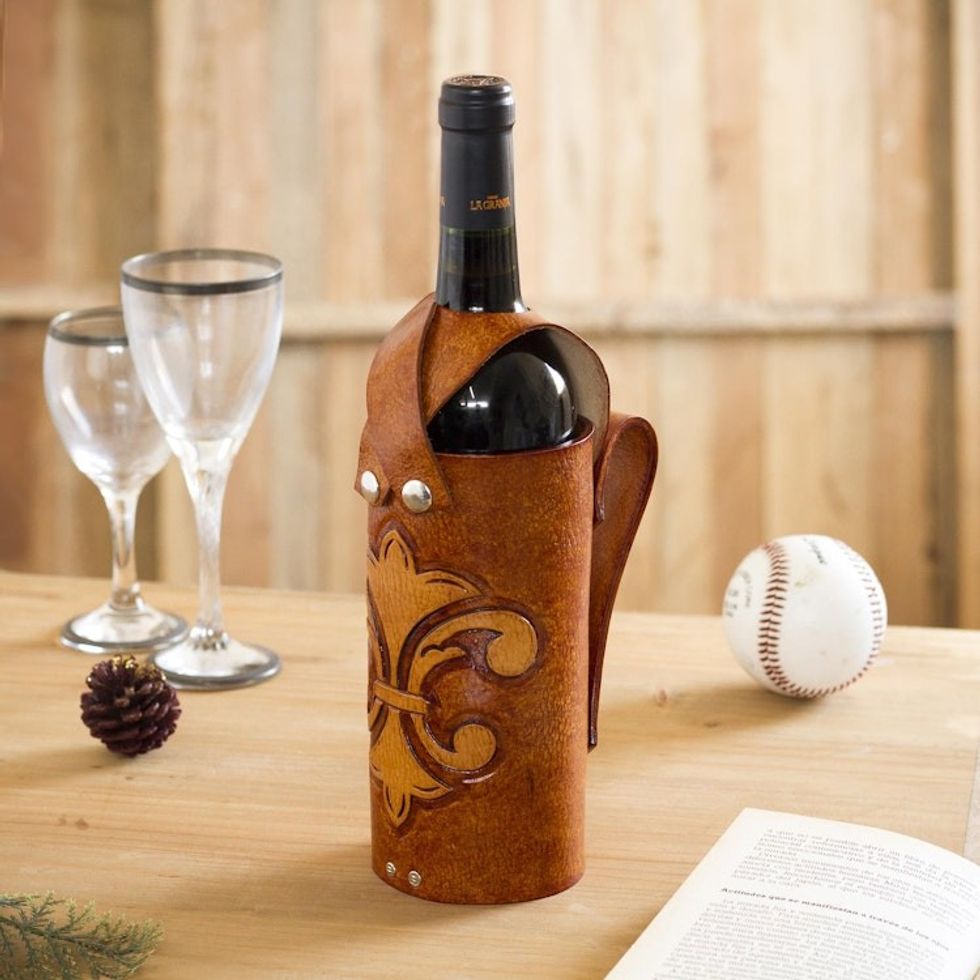 Leather Fleur de Lis Wine Carrier from Peru 'Fleur de Lis'