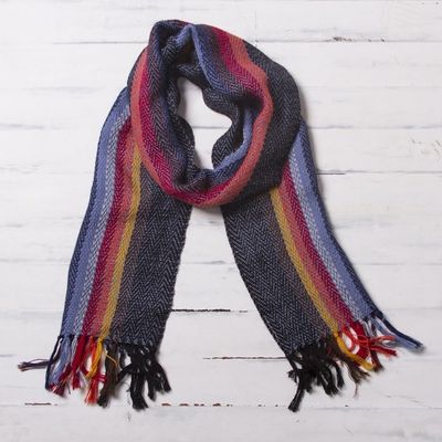 Alternate image for Soft Black with Colorful Stripes Handwoven 100 Alpaca Scarf Rugged Rainbow