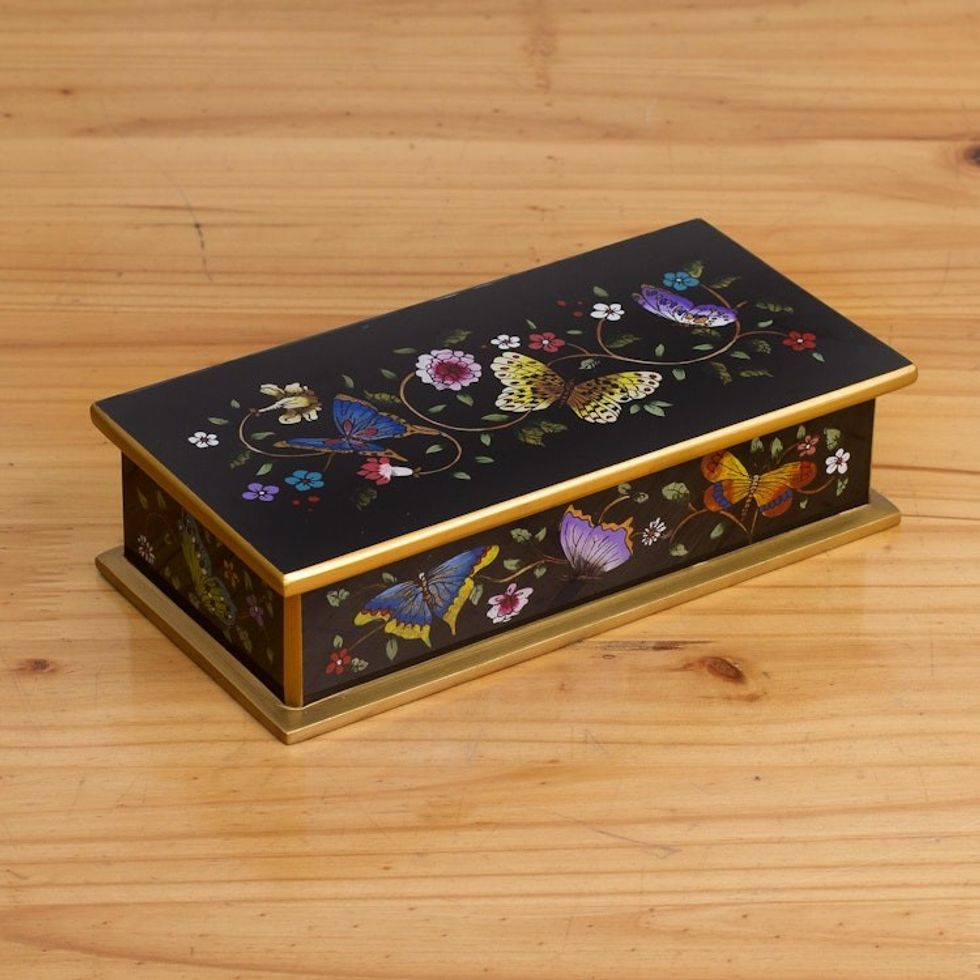 Reverse Painted Glass Butterfly Decorative Box in Black 'Glorious Butterflies in Black'