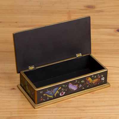 Alternate image for Reverse Painted Glass Butterfly Decorative Box in Black Glorious Butterflies in Black