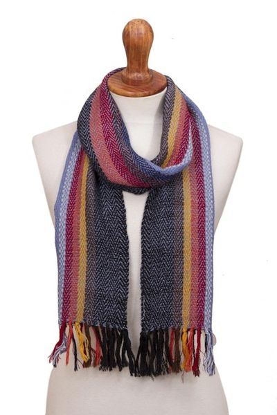 Alternate image for Soft Black with Colorful Stripes Handwoven 100 Alpaca Scarf Rugged Rainbow