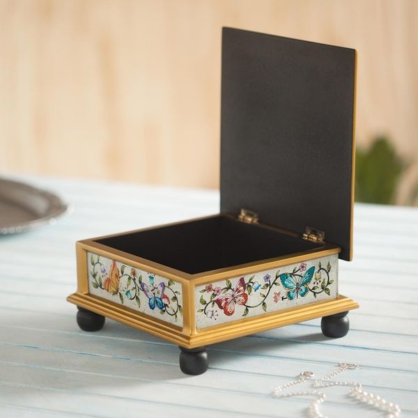 Alternate image for Butterflies on an Ivory Reverse Painted Glass Decorative Box Ivory Winter Butterflies