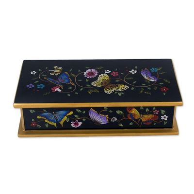 Alternate image for Reverse Painted Glass Butterfly Decorative Box in Black Glorious Butterflies in Black