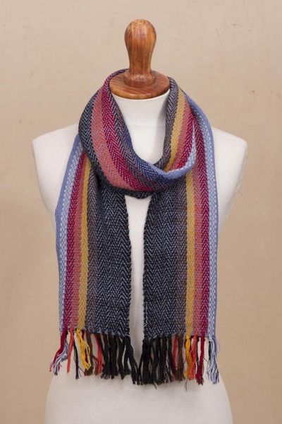 Alternate image for Soft Black with Colorful Stripes Handwoven 100 Alpaca Scarf Rugged Rainbow