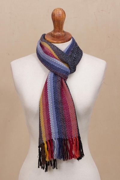 Alternate image for Soft Black with Colorful Stripes Handwoven 100 Alpaca Scarf Rugged Rainbow
