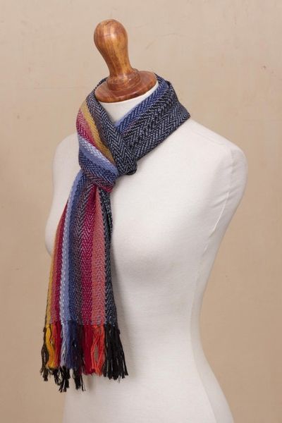 Alternate image for Soft Black with Colorful Stripes Handwoven 100 Alpaca Scarf Rugged Rainbow