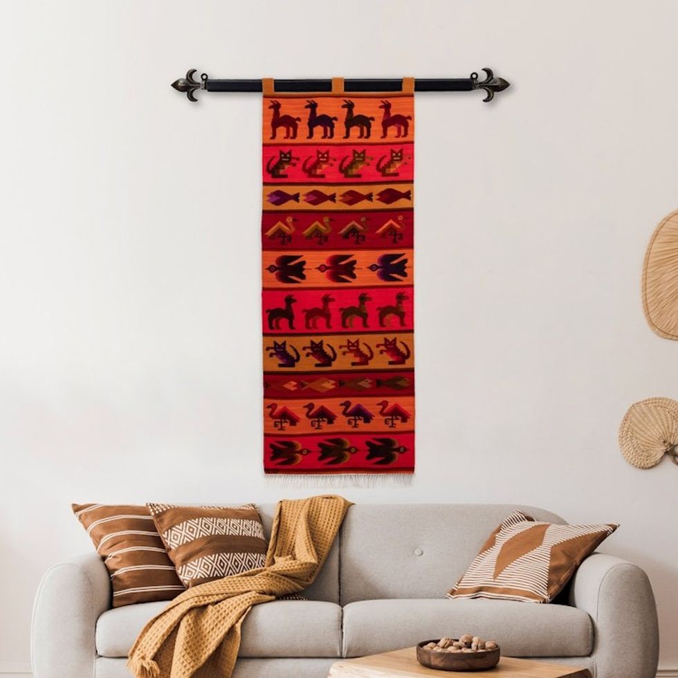 Animal-Themed Loomed Wool Tapestry in Red Hues 'Origin and Fauna'