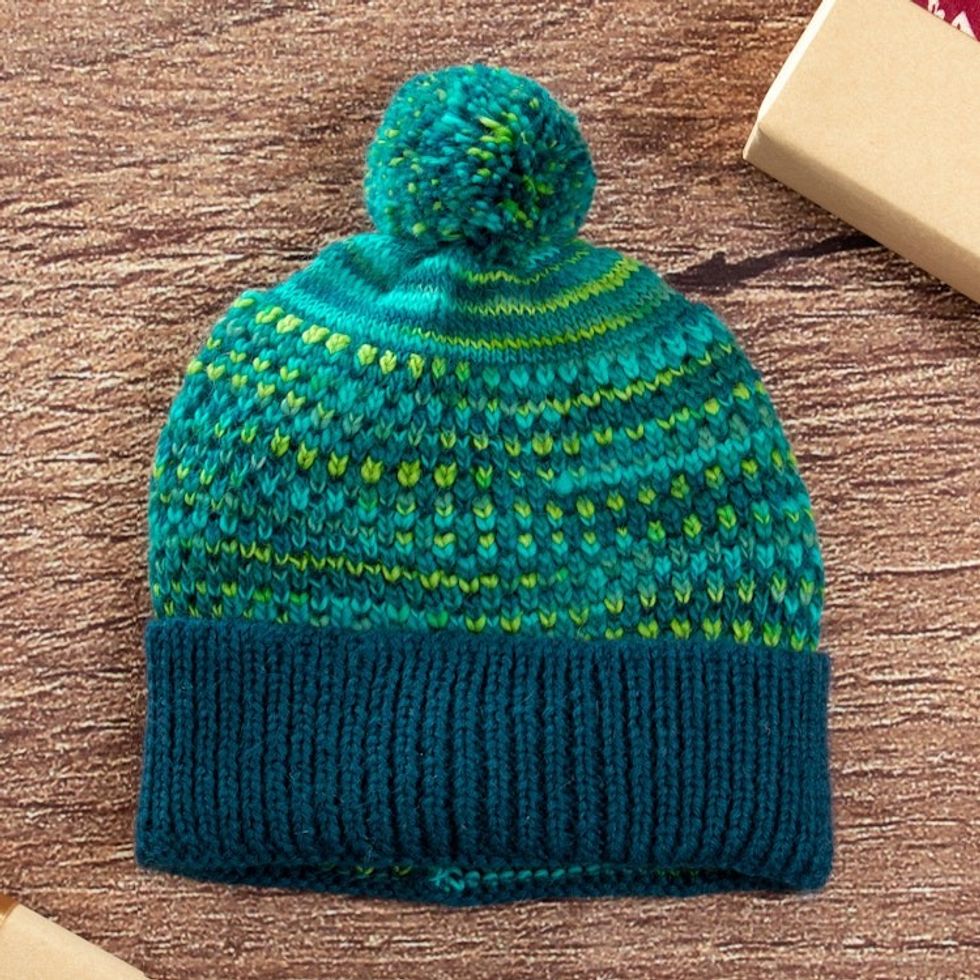 Blue Teal Green Patterned Knit Alpaca Blend Hat with Pompom 'Pretty in Blue'