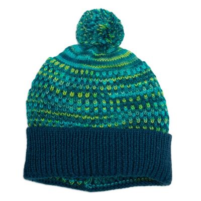 Alternate image for Blue Teal Green Patterned Knit Alpaca Blend Hat with Pompom Pretty in Blue