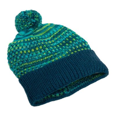 Alternate image for Blue Teal Green Patterned Knit Alpaca Blend Hat with Pompom Pretty in Blue