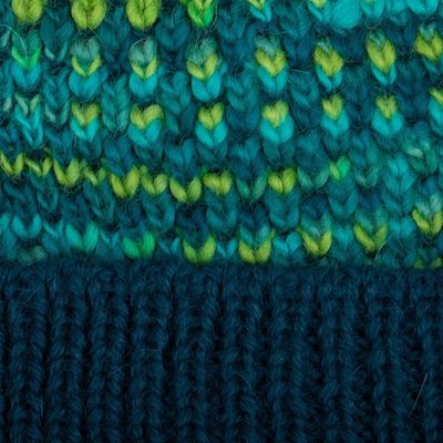 Alternate image for Blue Teal Green Patterned Knit Alpaca Blend Hat with Pompom Pretty in Blue