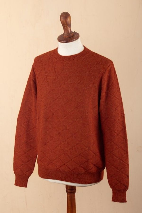 Alternate image for Mens 100 Alpaca Sweater with Rhombus Geometric Pattern Rhombus Spice