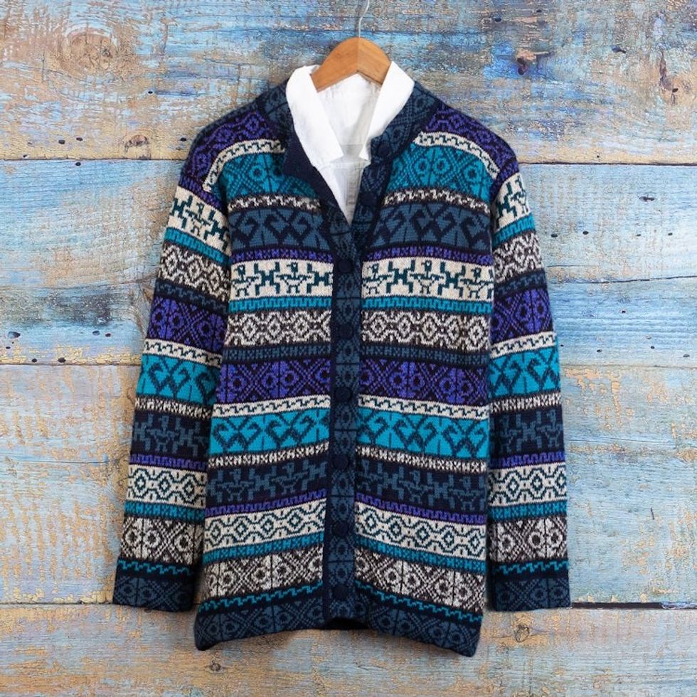 Blue Alpaca Blend Cardigan with Inca Motifs 'Empire Memories'