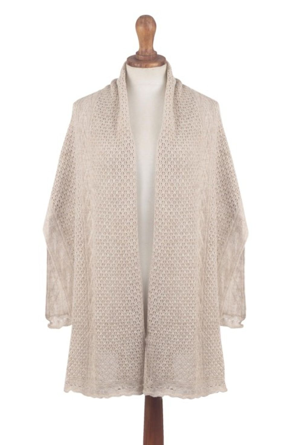 Warm White Alpaca Blend Eyelet and Cable Knit Shawl 'Dreamy Mist'