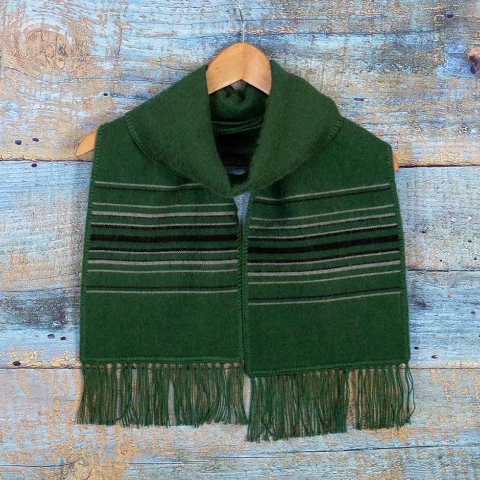 Woven Striped Men's Alpaca Blend Scarf in Green with Fringes 'Stripes in Style'