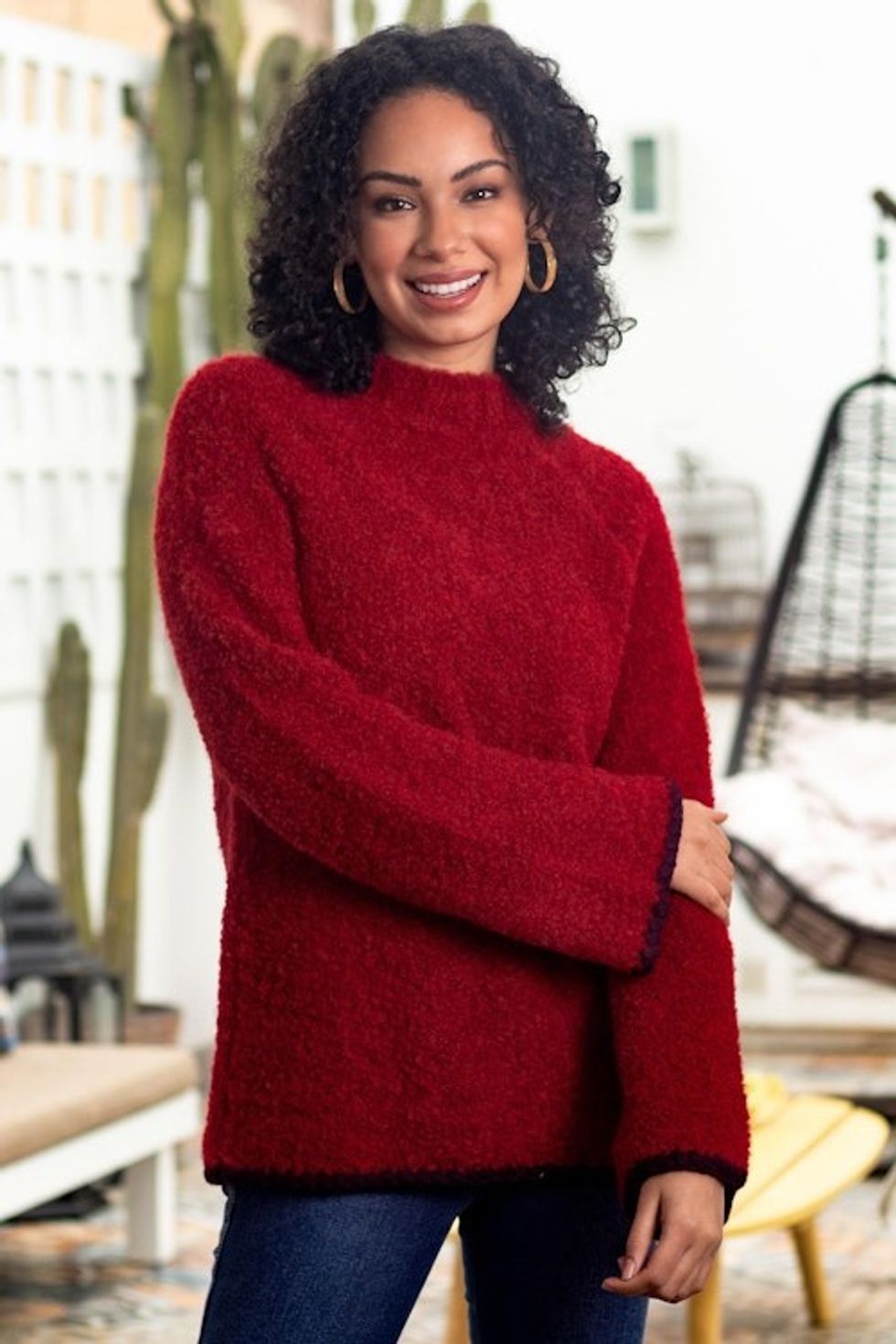 Plush and Warm Red Alpaca Blend Boucle Sweater 'Sumptuous Warmth in Red'