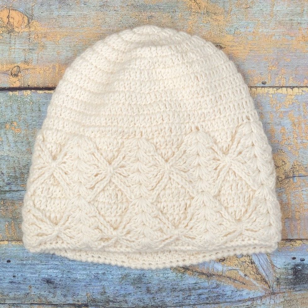 Cable Knit Ivory 100 Alpaca Hat from Peru 'Ivory Shapes'
